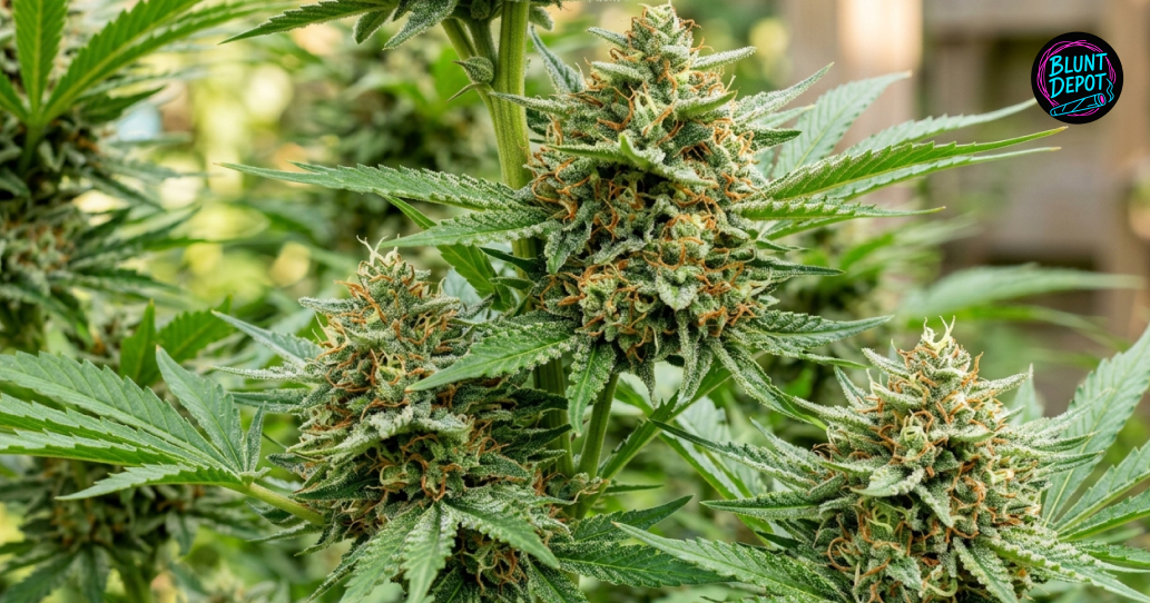 A large, healthy green cannabis leaf from a Watermelon Gelato strain plant in a bright outdoor garden.