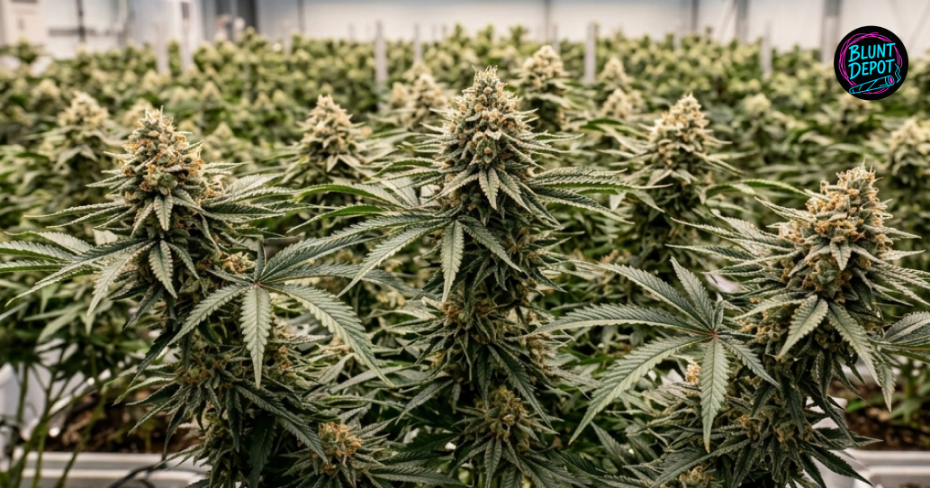 Multiple Scooby Snacks weed strain plants growing in an indoor cultivation environment with large colas.