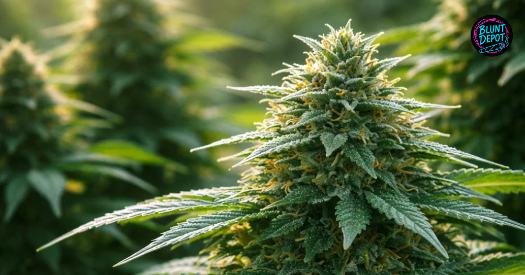 Detailed macro shot of a Jack Herer cannabis flower covered in white crystalline trichomes and orange hairs.