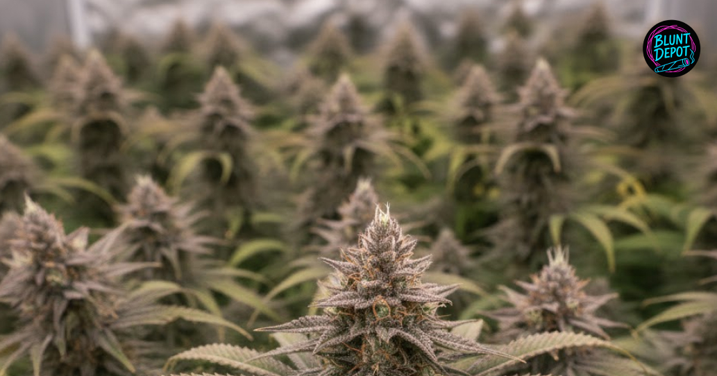 A large, dense cannabis bud of the Incredible Hulk strain growing under bright indoor cultivation lights.