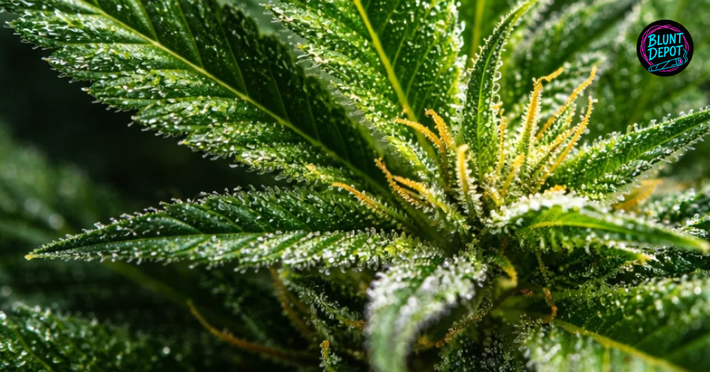 Close-up of a resin-coated cannabis leaf from a Durban Poison plant during the peak flowering stage.