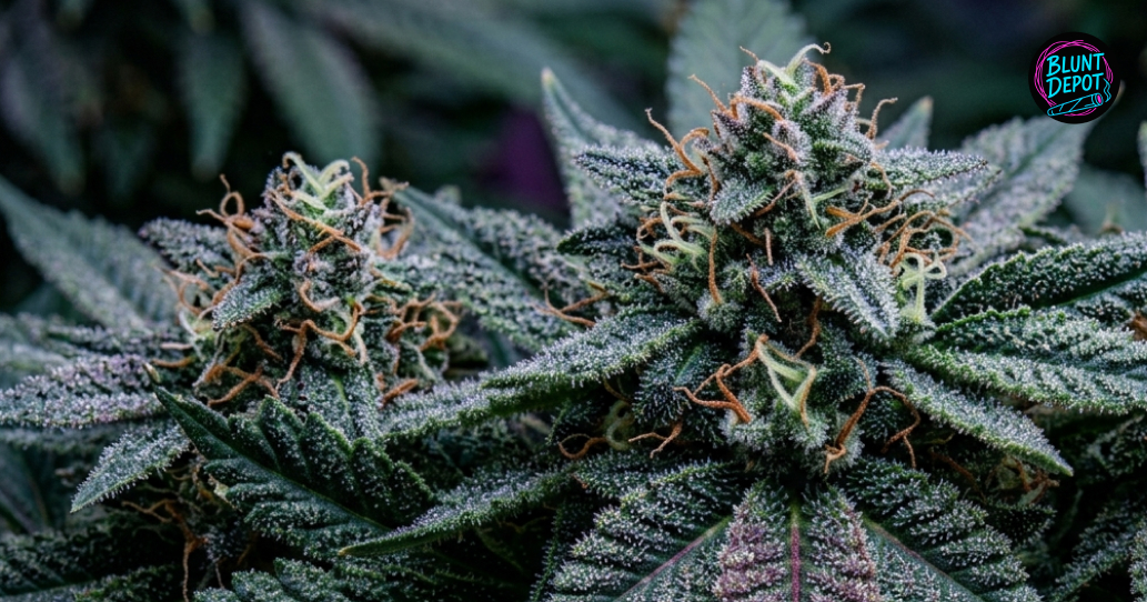 Two flowering Pineapple Express strain buds with frosty leaves and orange hairs in a grow room.