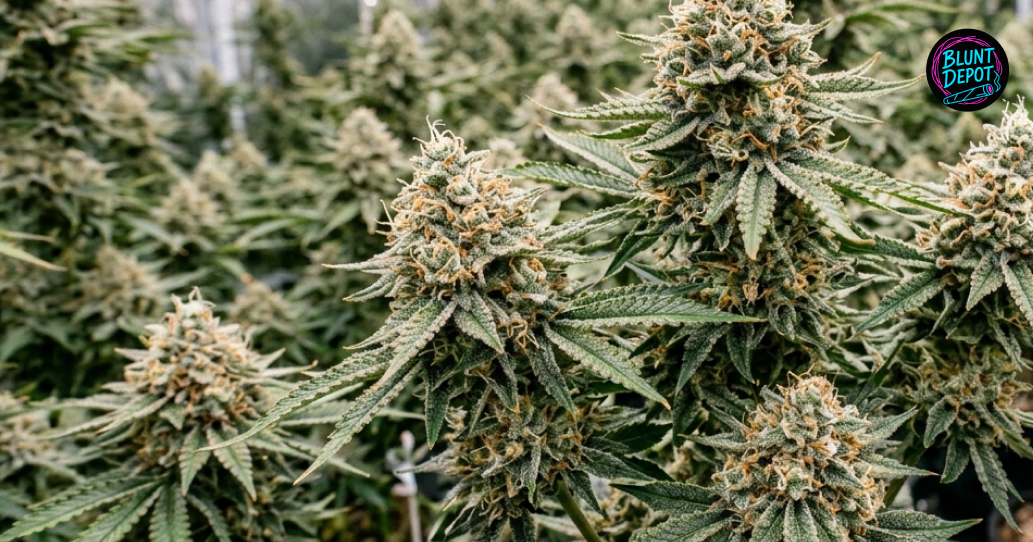 A canopy of flowering Gelato strain plants in an indoor grow room with dense, resinous buds.