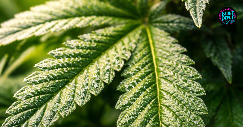 Detailed view of a cannabis leaf from the Lemon Meringue weed strain covered in a sugary layer of resin.
