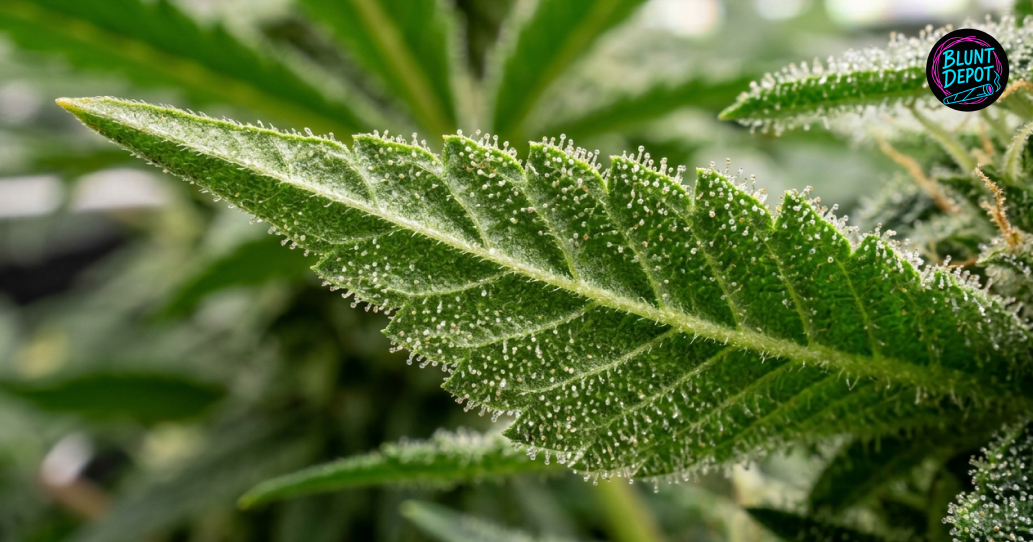Detailed view of a cannabis leaf from the Sour Tangie strain covered in a thick layer of frosty white resin