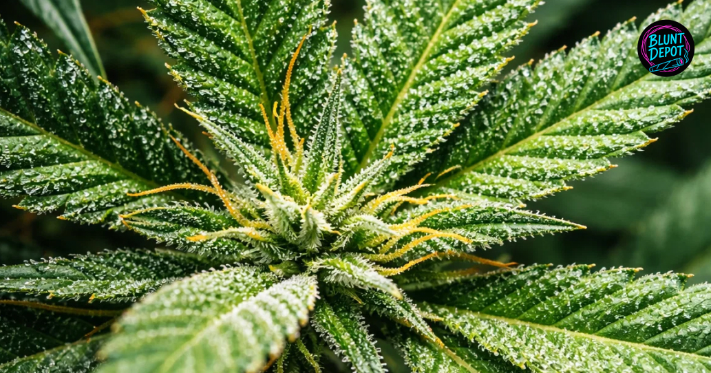 A towering, frost-covered Colombian Gold weed strain bud growing in a professional indoor cultivation setup.