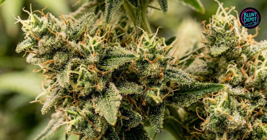 Multiple colas of the Quantum Kush weed strain growing with sharp serrated leaves and heavy resin.