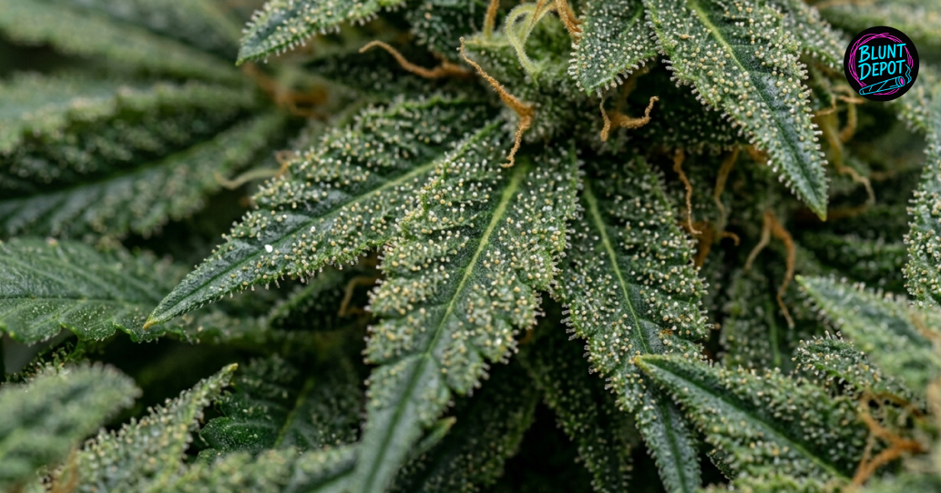 Detailed view of Member Berry weed strain leaves covered in a thick layer of white crystalline trichomes.