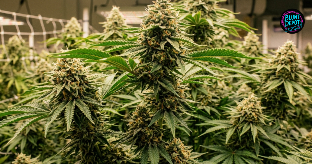 Multiple large colas of Snoop’s Dream weed strain growing under LED lights in a commercial cultivation facility.