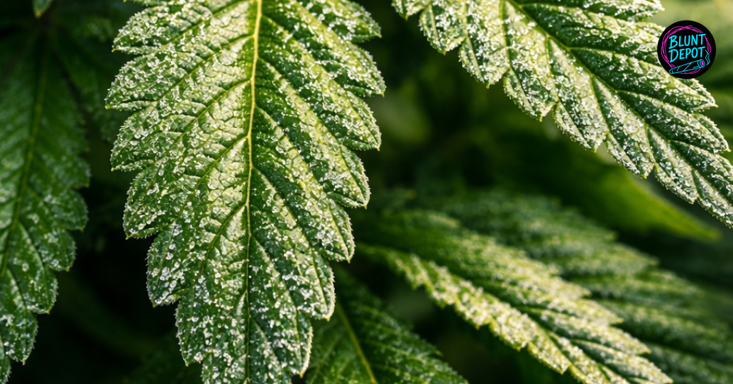 Multiple colas of the Orange Cookies weed strain growing with sharp green leaves and developing frosty buds.