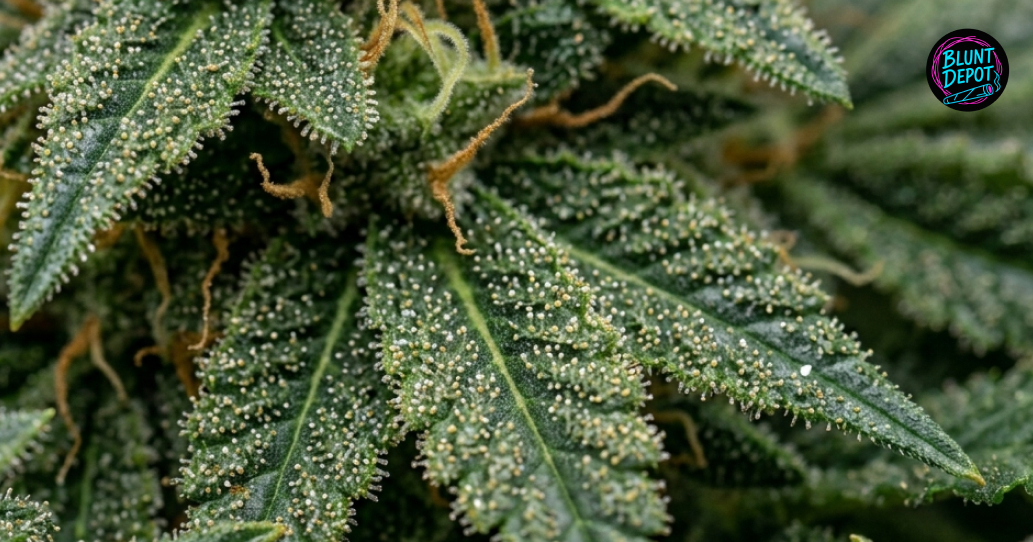 Multiple large colas of the White Buffalo weed strain growing with sharp green leaves and developing resinous buds.