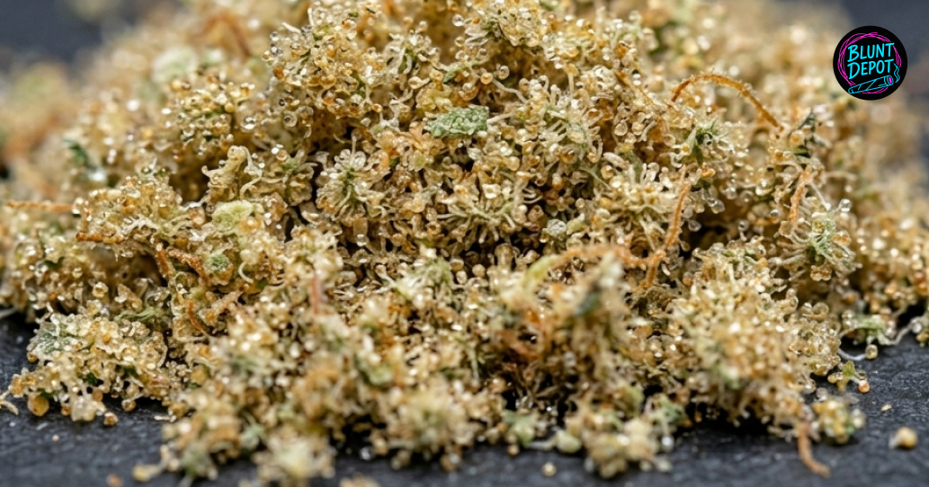 Extreme macro view of amber and cloudy trichomes harvested from a Super Sour Diesel weed strain.