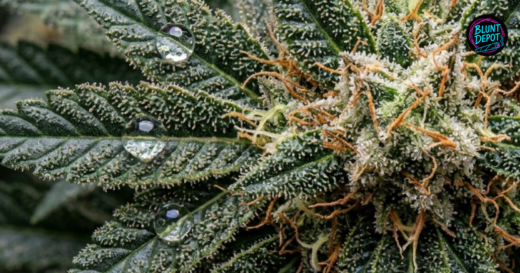 Cannabis leaf from the Lamb’s Bread weed strain featuring water droplets and visible resin coverage.