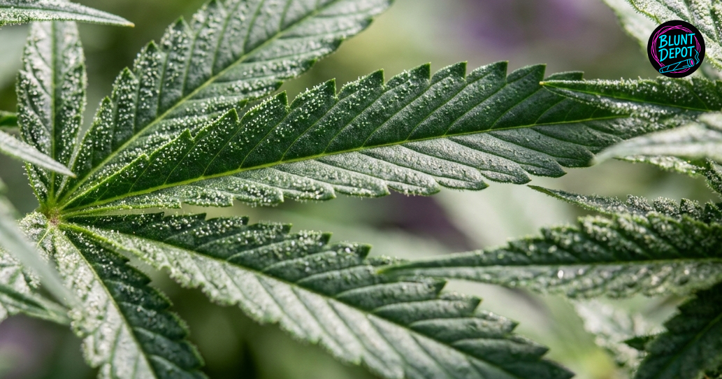 Macro view of cannabis sugar leaves from the Mega Z Blue weed strain covered in sticky resin.