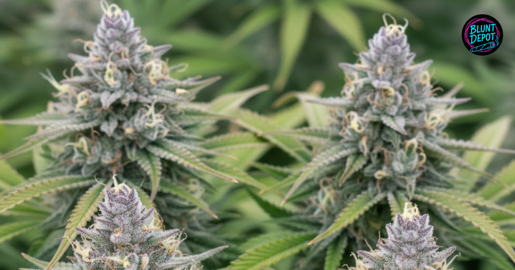 Multiple flowering tops of the Layer Cake weed strain growing in a controlled indoor environment.