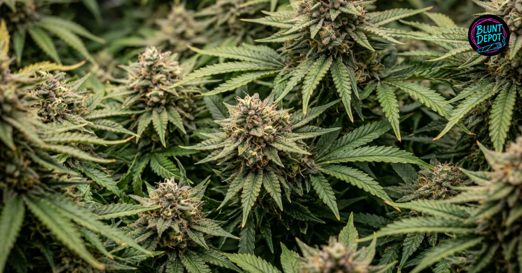 Macro photography of a cannabis leaf from the Laughing Buddha weed strain covered in a thick layer of sticky resin.