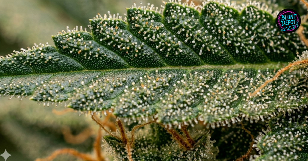 Macro photography of a cannabis leaf from the Orange Creamsicle weed strain covered in a thick layer of sticky resin.