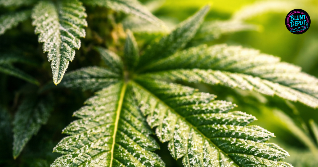 A serrated cannabis sugar leaf from the Hawaiian Punch strain heavily dusted with white crystalline trichomes.