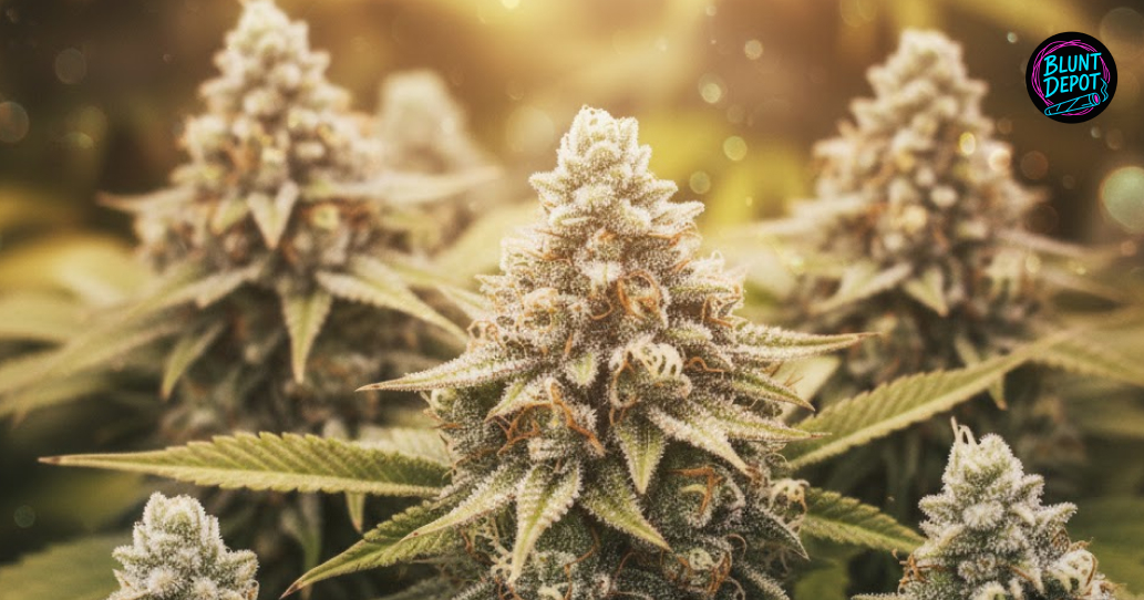 Several frosted colas of the Dirty Girl weed strain growing in a controlled indoor cultivation environment.