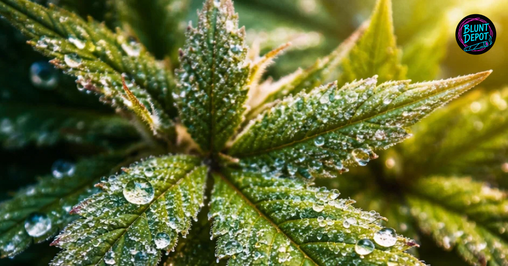 A close-up of a cannabis sugar leaf from the Gushers strain covered in a dense layer of white crystals.