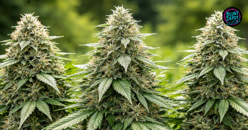 Three large colas of the LA Pop Rocks weed strain growing under professional lighting in a garden.