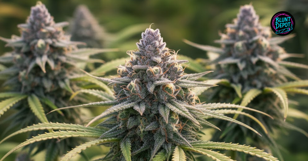 Close-up of serrated cannabis leaves from the Colombian Gold weed strain coated in white crystalline frosting.