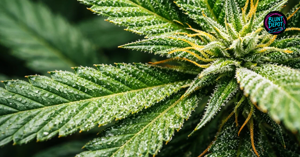 Multiple flowering tops of the Lemon Tree weed strain growing under high-intensity lights in a greenhouse.