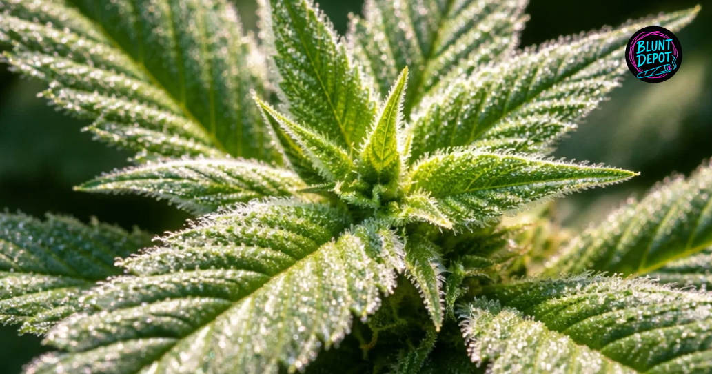 Multiple flowering colas of the Sour Apple weed strain growing under professional lights in a greenhouse.