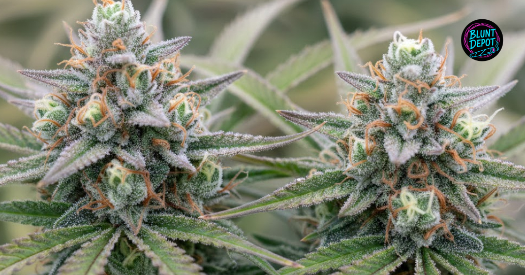 Two large, resin-rich buds of the Phantom Cookies weed strain displayed against a blurred garden background.