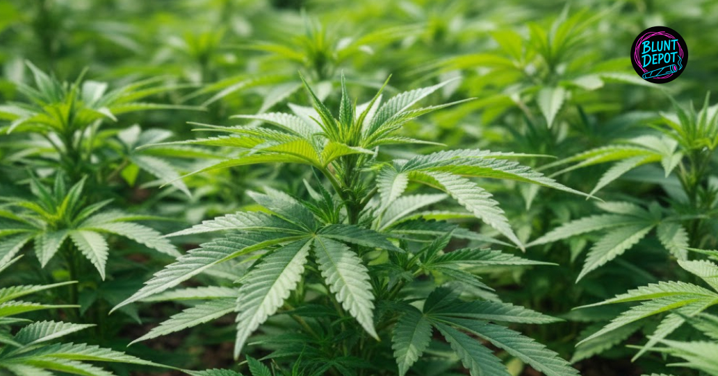 A field of young, green Mango Haze weed strain plants with slender sativa leaves in a sunlit cultivation facility.