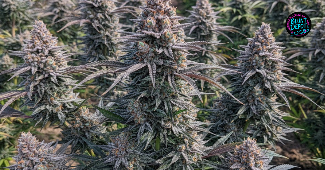 Multiple large, purple-tinted GSC weed strain colas growing in a professional indoor cultivation facility.