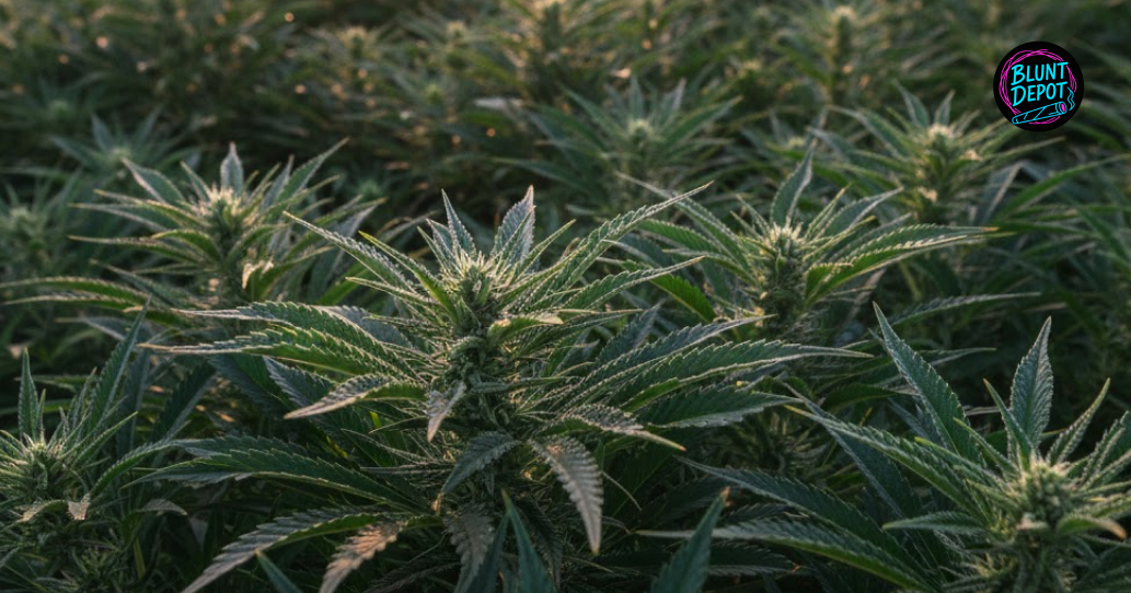 Multiple large, resin-rich Red Congolese weed strain buds growing in a professional indoor garden.