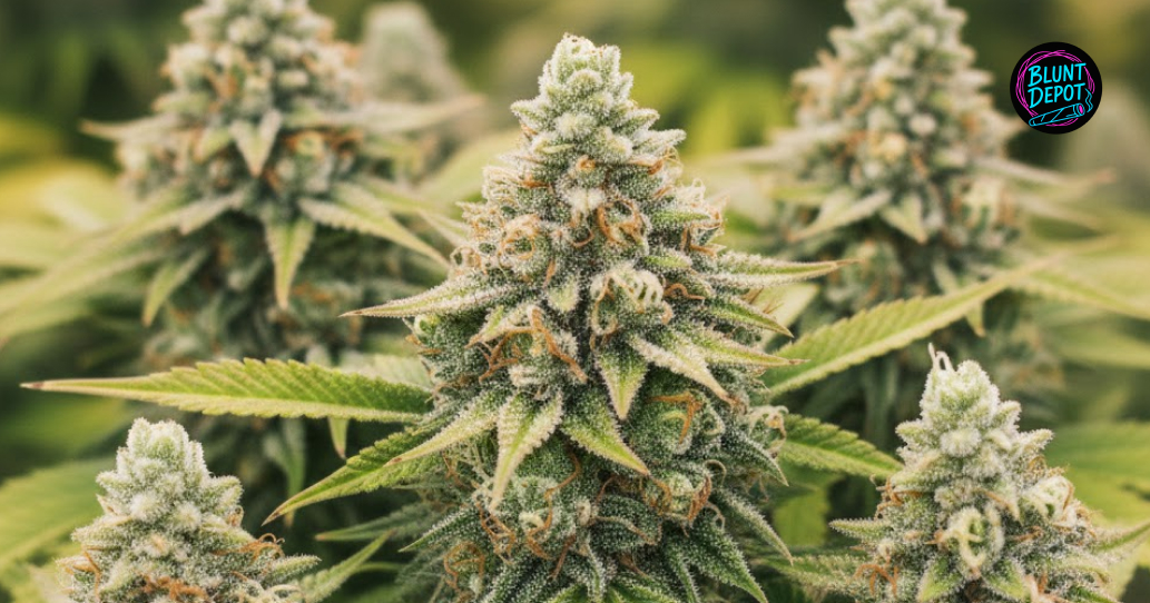 Two large, resin-heavy Lemon Poppers weed strain buds growing in a professional cannabis cultivation facility.