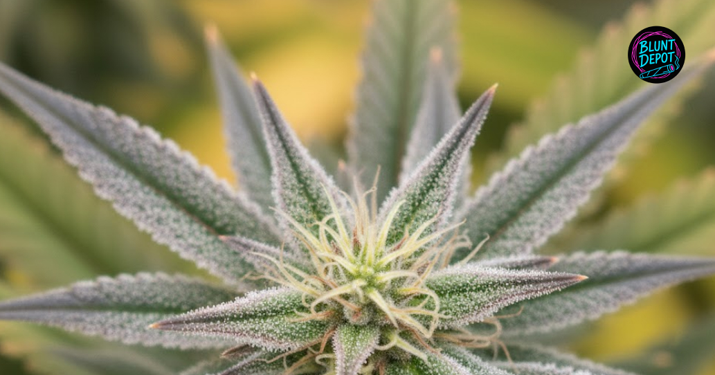 Two large, resin-heavy Jenny Kush weed strain buds displayed against a soft-focus garden background.
