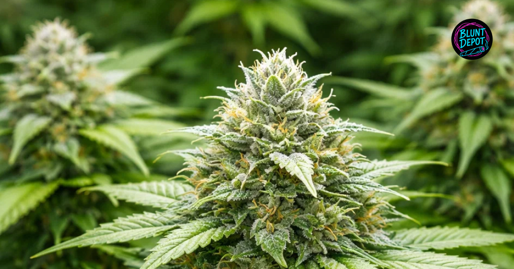 Two large, resin-heavy Blue Zkittles weed strain buds growing in a professional indoor cultivation facility.