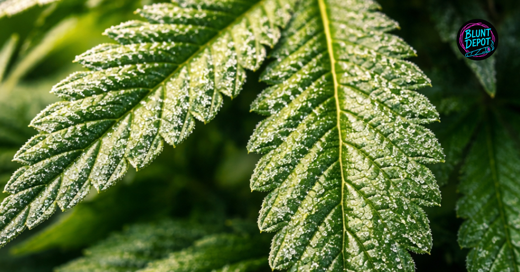 Detailed view of green cannabis sugar leaves from the Jackie Chan strain covered in white crystalline resin.