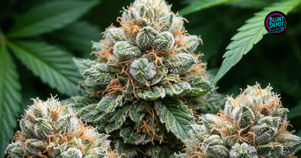 Two large, resin-heavy Devil Driver weed strain buds growing in a professional indoor cultivation facility.