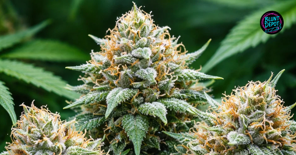 Two large, resin-heavy Wedding Pie weed strain buds growing in a professional indoor cultivation facility.