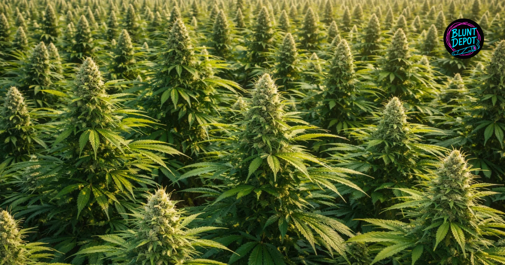 A close-up of a green cannabis leaf from the Space Cake strain covered in a fine layer of sticky trichomes.
