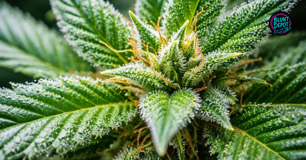 A close-up of a healthy cannabis leaf from the Cherry Poppers strain covered in crystalline trichomes.