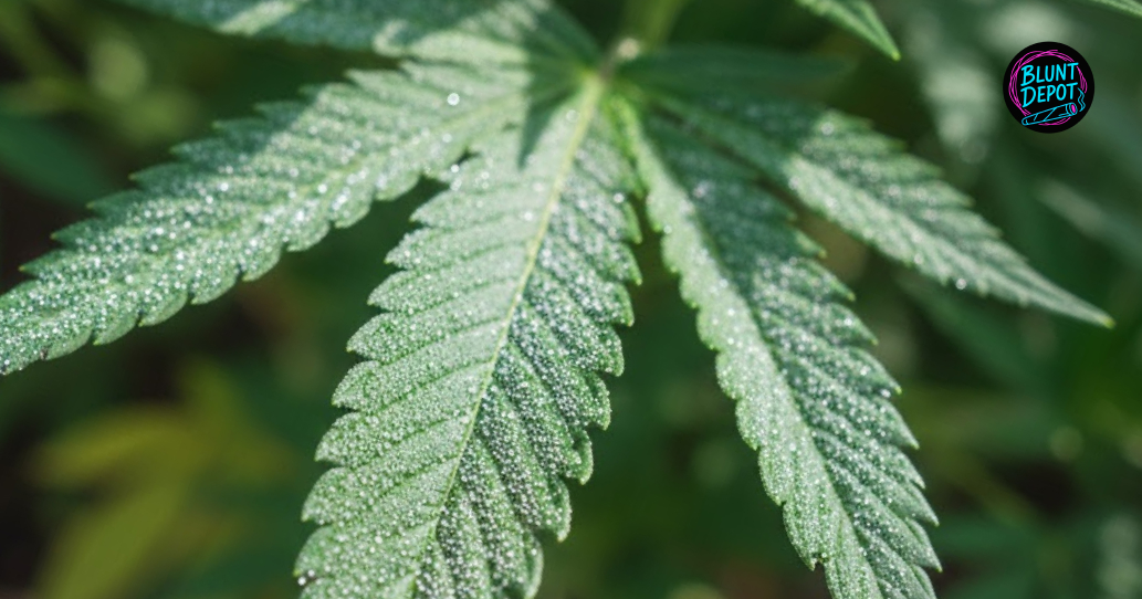 A close-up of a vibrant green cannabis leaf from the Sour Zkittles strain covered in sparkling trichomes.