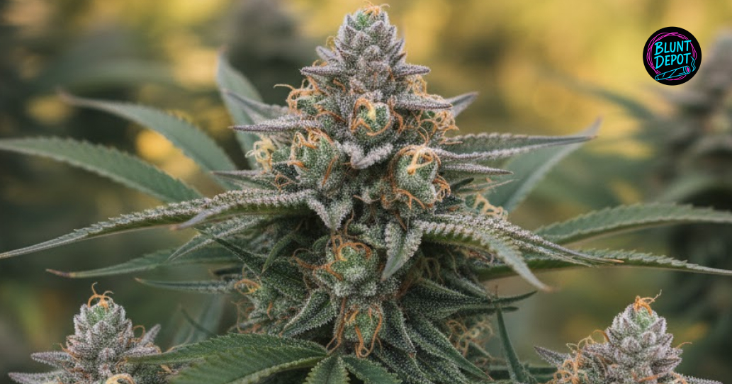 A close-up of a healthy green cannabis leaf from the Mandarin Cookies strain covered in white sparkling trichomes.