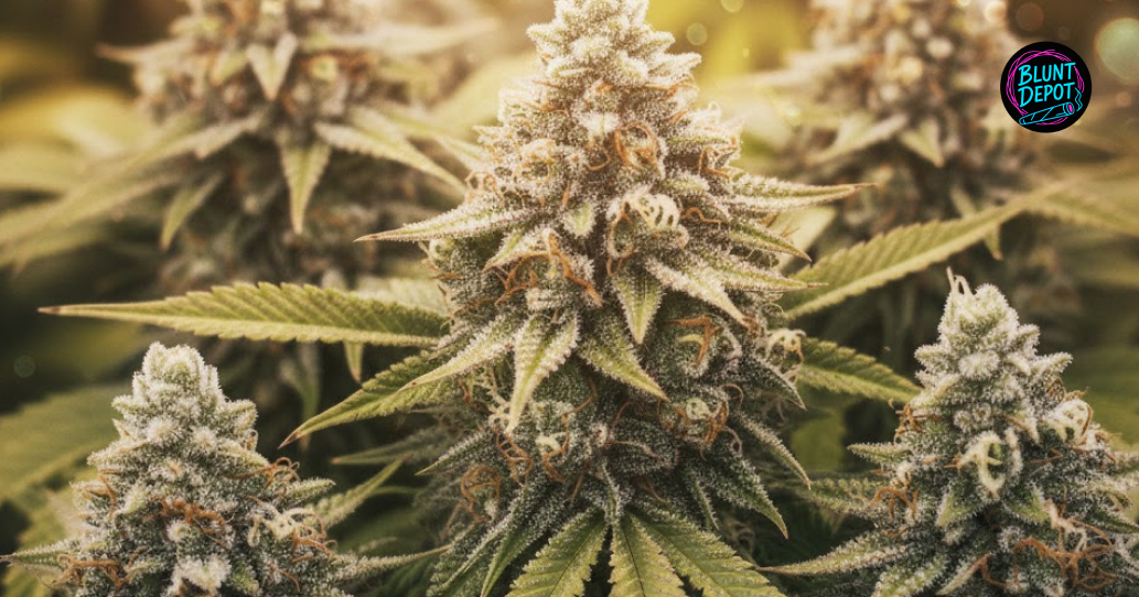 A close-up of serrated cannabis leaves from the OG Chem weed strain covered in white crystalline frosting.