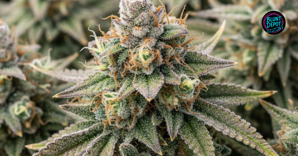 A close-up of a vibrant green cannabis leaf from the Cinderella 99 strain covered in sparkling white trichomes.