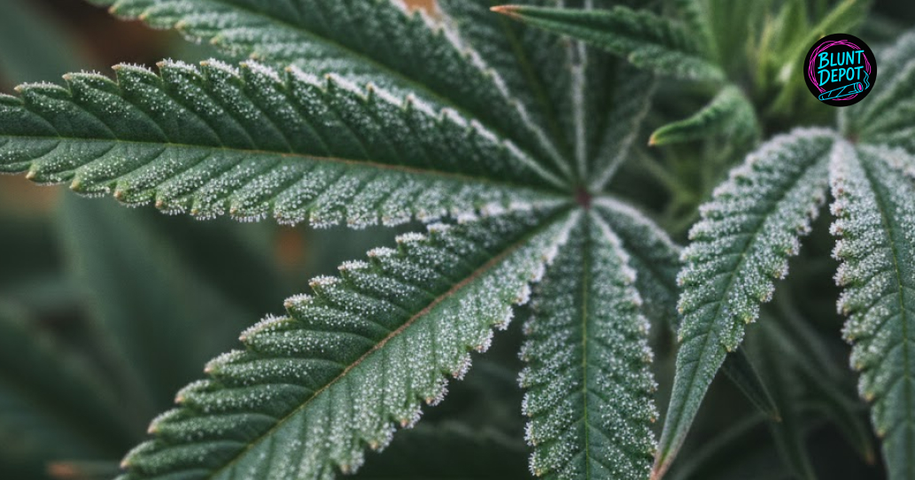 A close-up of a vibrant green cannabis leaf from the Gelatti strain covered in sparkling white trichomes.