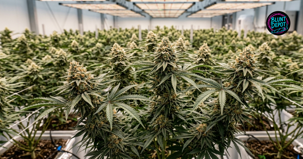 A wide shot of a commercial indoor grow room filled with flowering Moby Dick strain plants under LED lights.