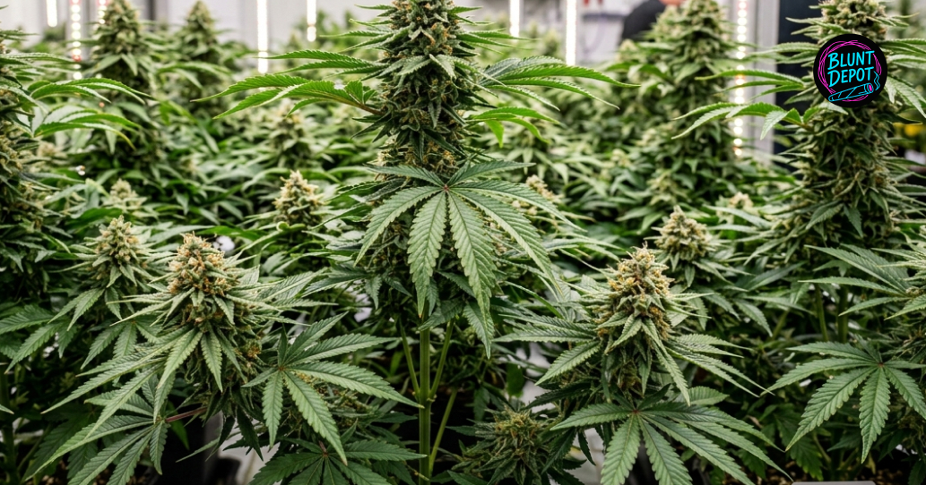 A commercial indoor grow room filled with flowering Lemon Kush strain plants under automated LED lighting.