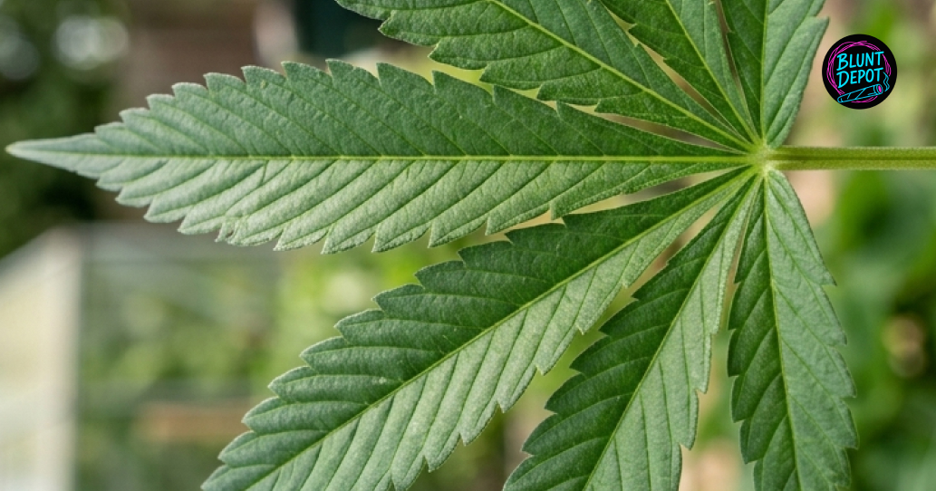 A single green fan leaf from a Scooby Snacks weed strain plant showcasing healthy serrated edges.