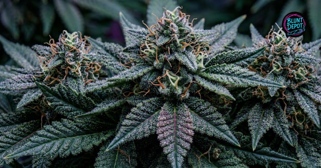 Three large, frosty Gorilla Glue #4 (GG4) cannabis colas growing in a controlled indoor environment.