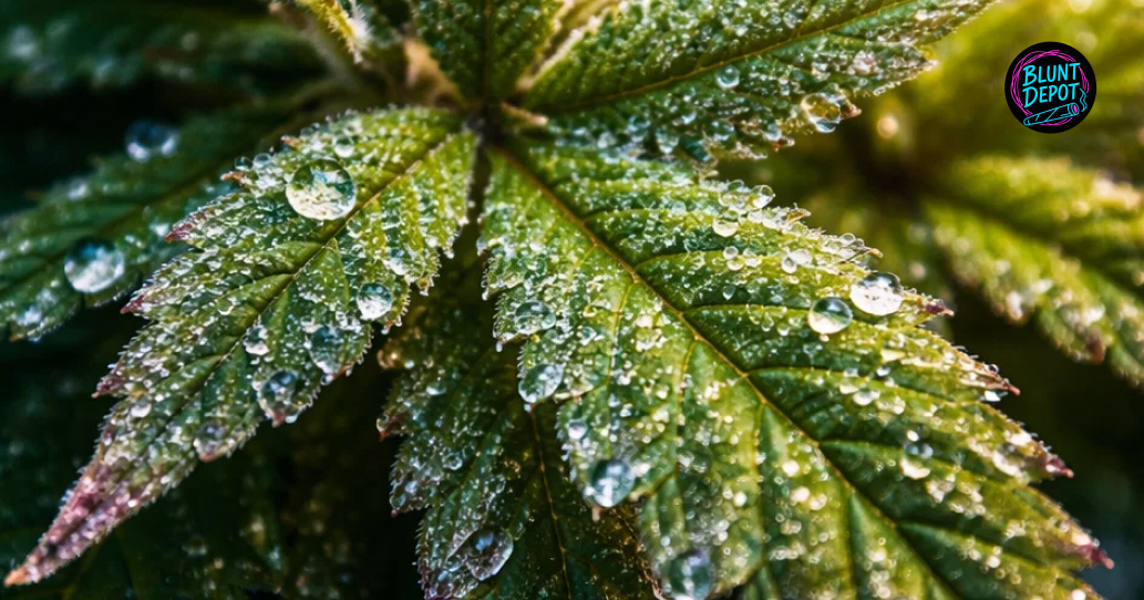 Close-up view of shimmering crystal trichomes on the serrated leaves of an Incredible Hulk cannabis plant.